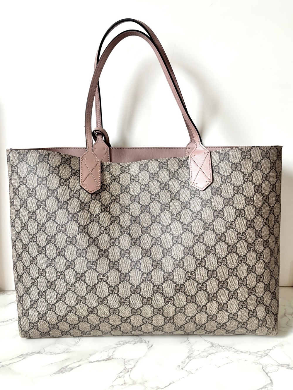 Gucci GG Supreme Reversible Tote Brown Blush Pink